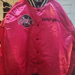 bright pink satin varsity jacket is a Headgear Classics "Pinky's Records Movie Satin" bomber jacket.