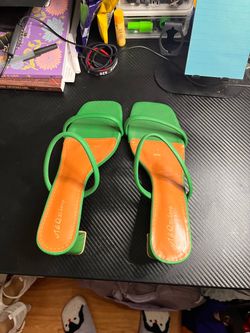 Green Strappy Square Toe Heeled Sandals