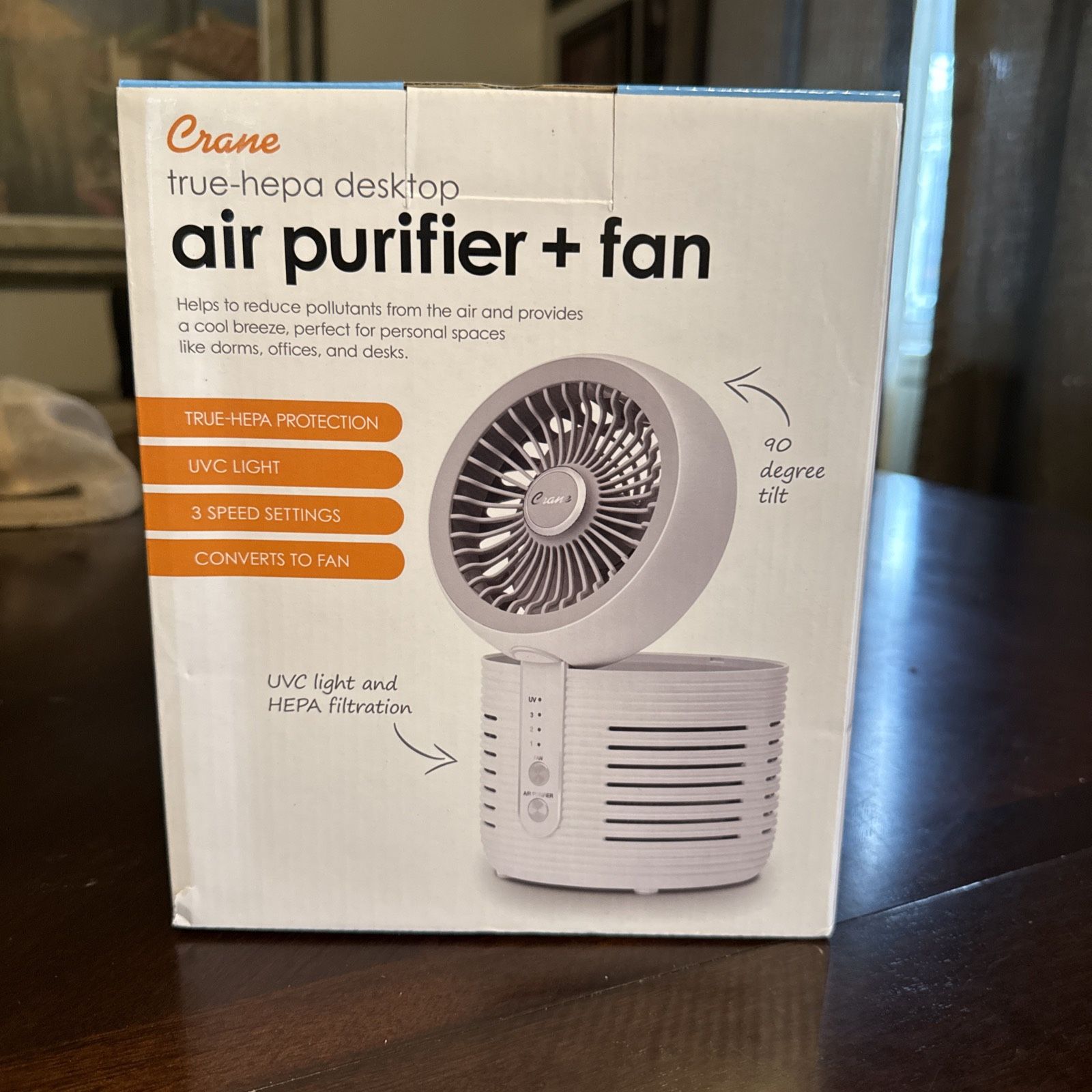 Crane 2-in-1 Air Purifier and Desk Top Fan, White, Standard, (EE-5073)