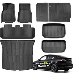 Tesla Model Y Floor Mats 2025 2021-2024 | Custom Fit All-Weather 9-Piece Set TPE Material| Back Seat Protector,Cargo Liner