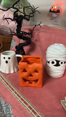 Halloween Ceramic Ghost Mug, Mummy Jar, and Pumpkin Holder Set