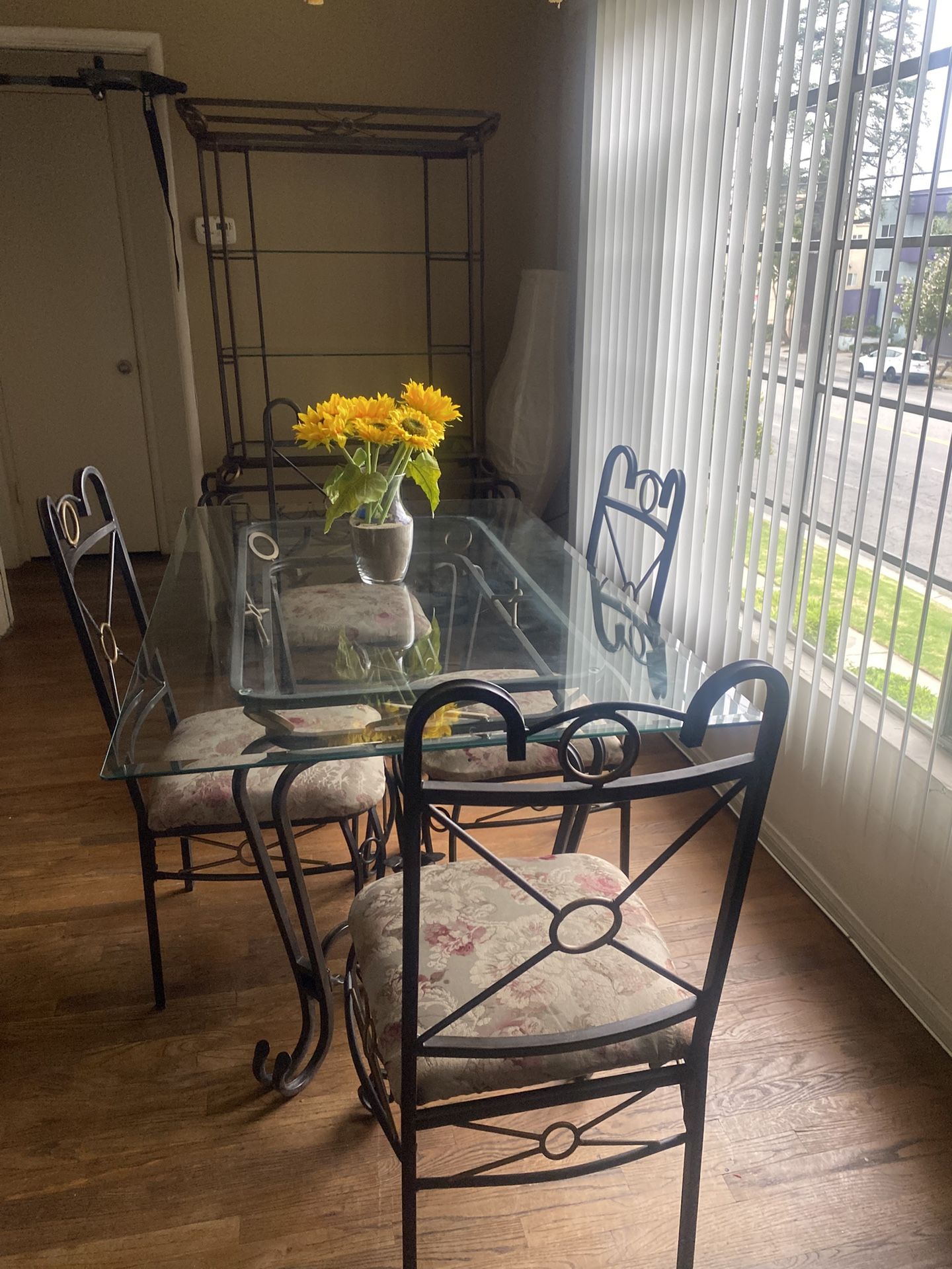 Beautiful Glass and metal framed table + chairs and wine rack and shelves