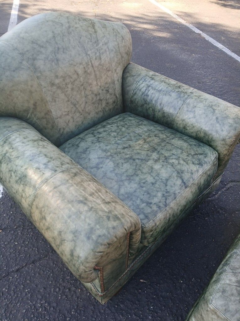 High-end Green Leather Chair W/ Matching Ottoman