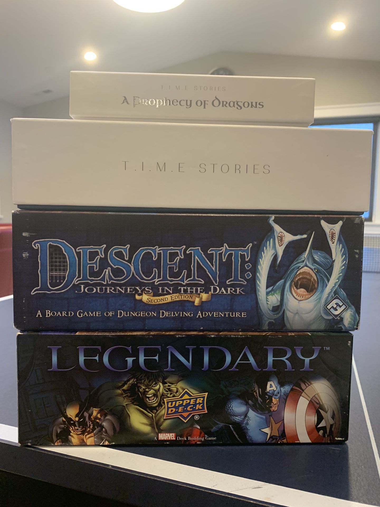 Board Games: Time Stories + A Prophecy Of Dragons expansion, Descent: Journies in the Dark (2nd edition), Legendary