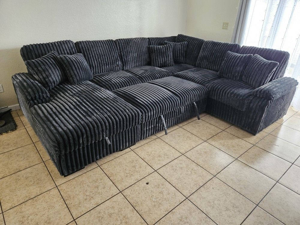 New Sectional Corduroy Fabric Dark Grey Pull Out Bed & Storage $1299