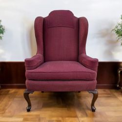 Vintage Ethan Allen Queen Anne Style Red Fabric Wingback Chair