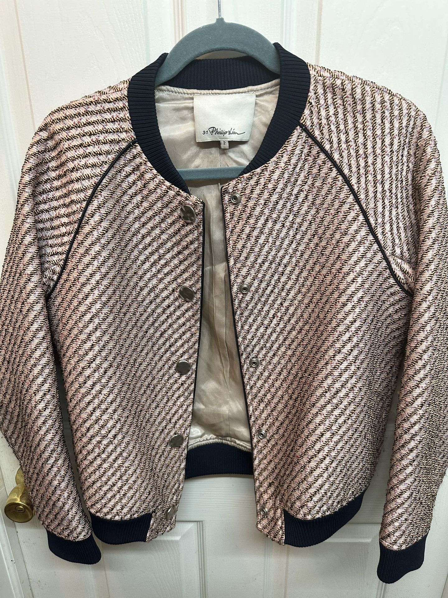 3.1 Philip Lim Pink Tweed Bomber Jacket Size 2 Black Knit Wristband And Bottom Snaps Down Front & Inside Pockets Great Condition