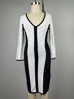 Bebe Chevron Paneled Bodycon Midi Sweater Dress Black White