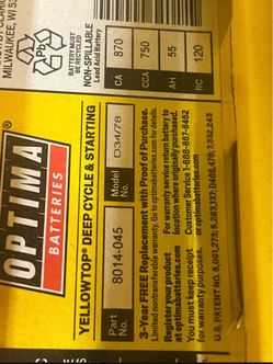 Deep Cycle, Optima Yellow Top Battery D34/78