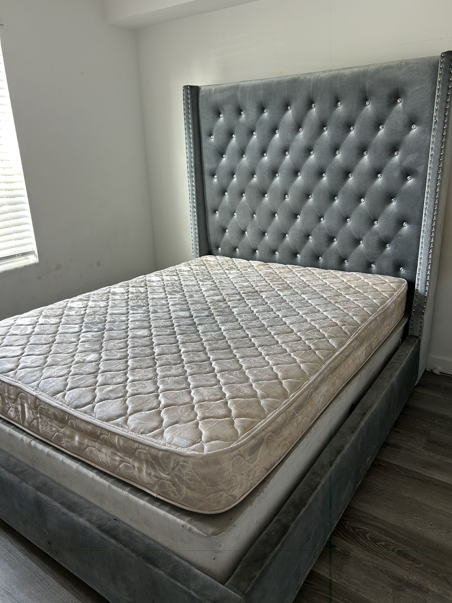 Beautiful Grey Queen Size Bed Frame With Mattress And Box Spring