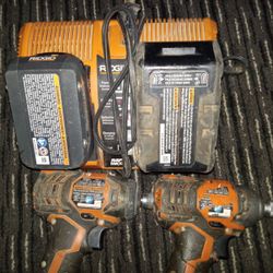 2 Ridgid Impact Drills, 1 Dual Charger, 2 Lithium Batteries