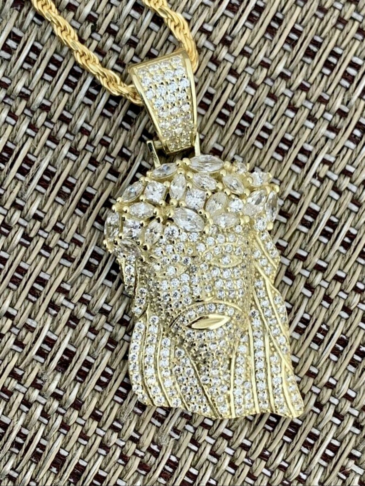 Italy 925 Sterling Silver Face of Christ Men’s Women 14K Gold 5X Layered Iced Pendant, Stainless Steel Rope Chain 16” 24” Inches Set