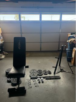 Home Gym Bundle – Bench, Dumbbells, Plates & Rack(check description)(shoot offers)