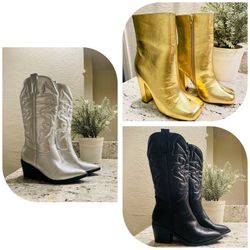 women’s boots size 5.5 black new $60 silver worn once $45 gold new $45