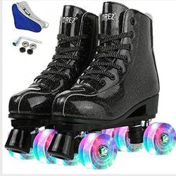 Women Roller Skates Classic High-top for Adult Outdoor Skating Light-Up Four-Wheel Roller Skates with Safety Accessories.