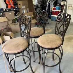 Bar Stools (3) Cast Iron /Suede Seat 30” Swivel 180’ With Back