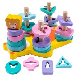 Baby Montessori Wood Building Block Toys Geometric Shapes Recognition Stack Sort Bear