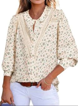 NEW! Lace Floral Shirt Long Sleeve Crew Neck Button Down Boho Blouse, Pink, Medium