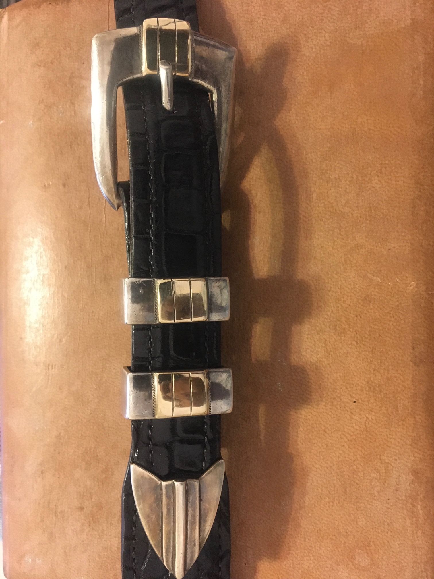Executive 4 pc. Sterling Silver an 14 kt. Gold, Genuine Alligator belt/ buckle by Max Lang of Houston, belt is 1-1/8 wide, 48-1/2” length, $250