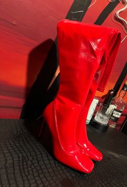 Red Patent Leather Knee-High Heeled Boots