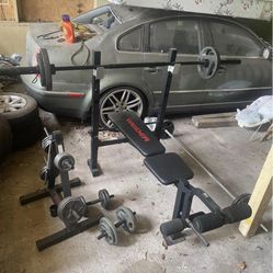 Bench Press, Weight Rack, Ajustable dumbells amd Curl Bar