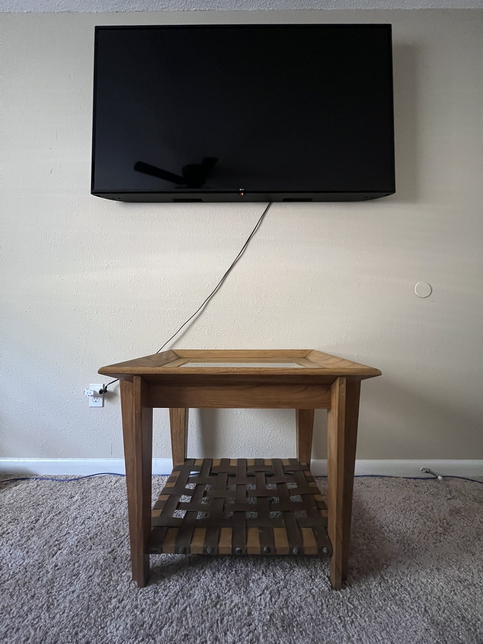 Vintage Solid Wood Accent Table with Leather Strap Base