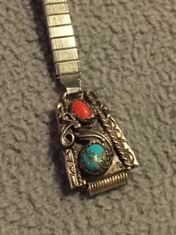 Navajo made sterling silver watch band turquoise and coral