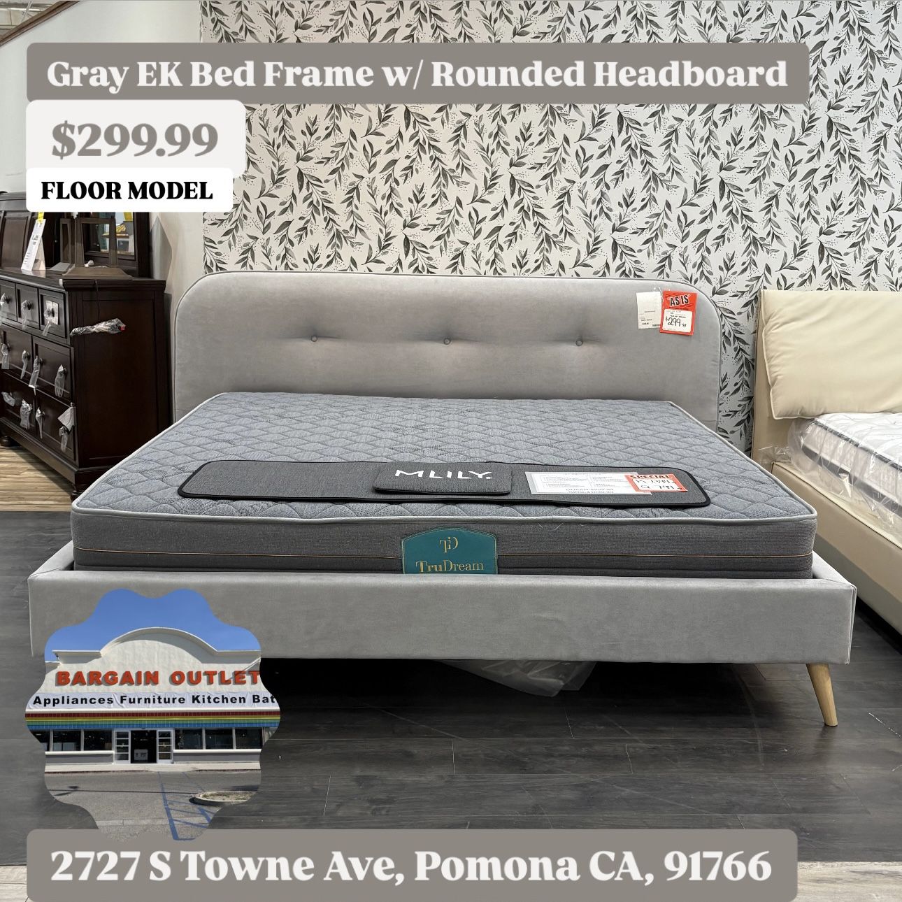 Gray EK Bed Frame w/ Rounded Headboard – Floor Model $299.99