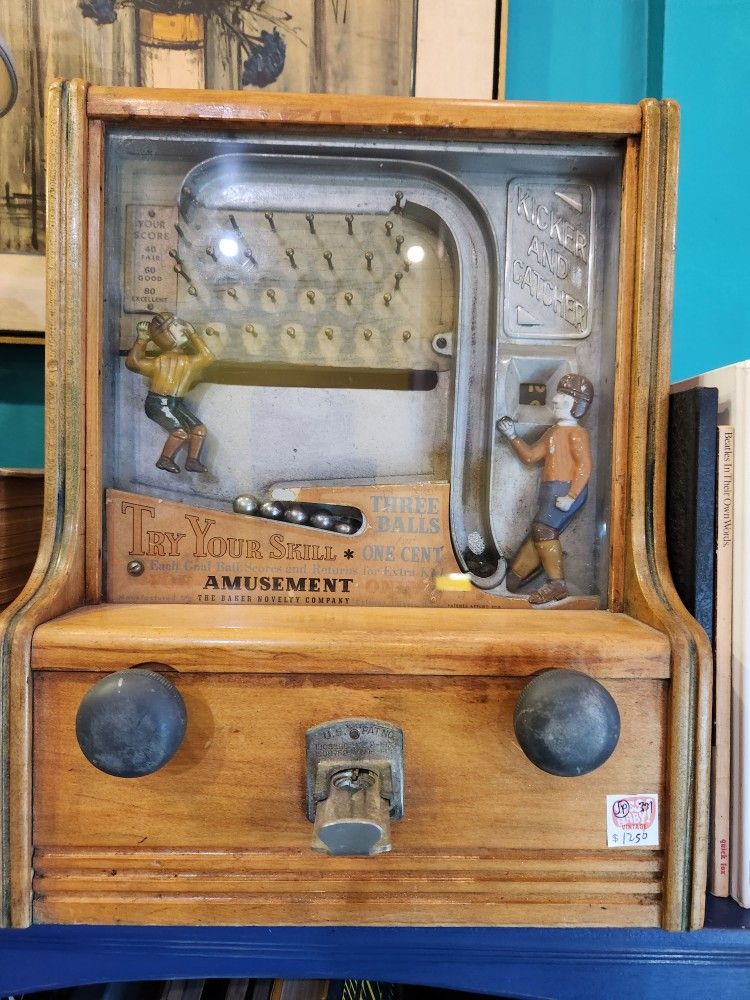 Vintage Arcade Game 1930s Baker Novelty Co. Kicker & Catcher Coin Operated Game with Key
