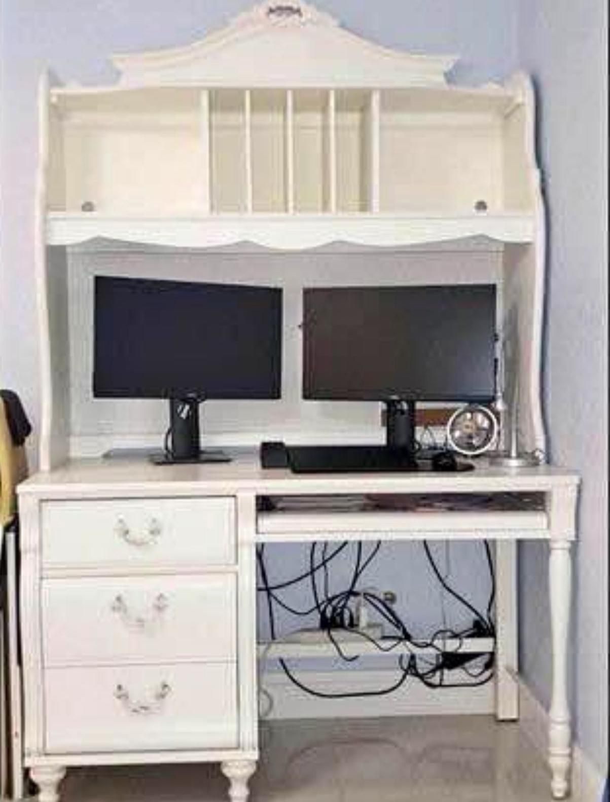 White Wood Designer Desk + Hutch
