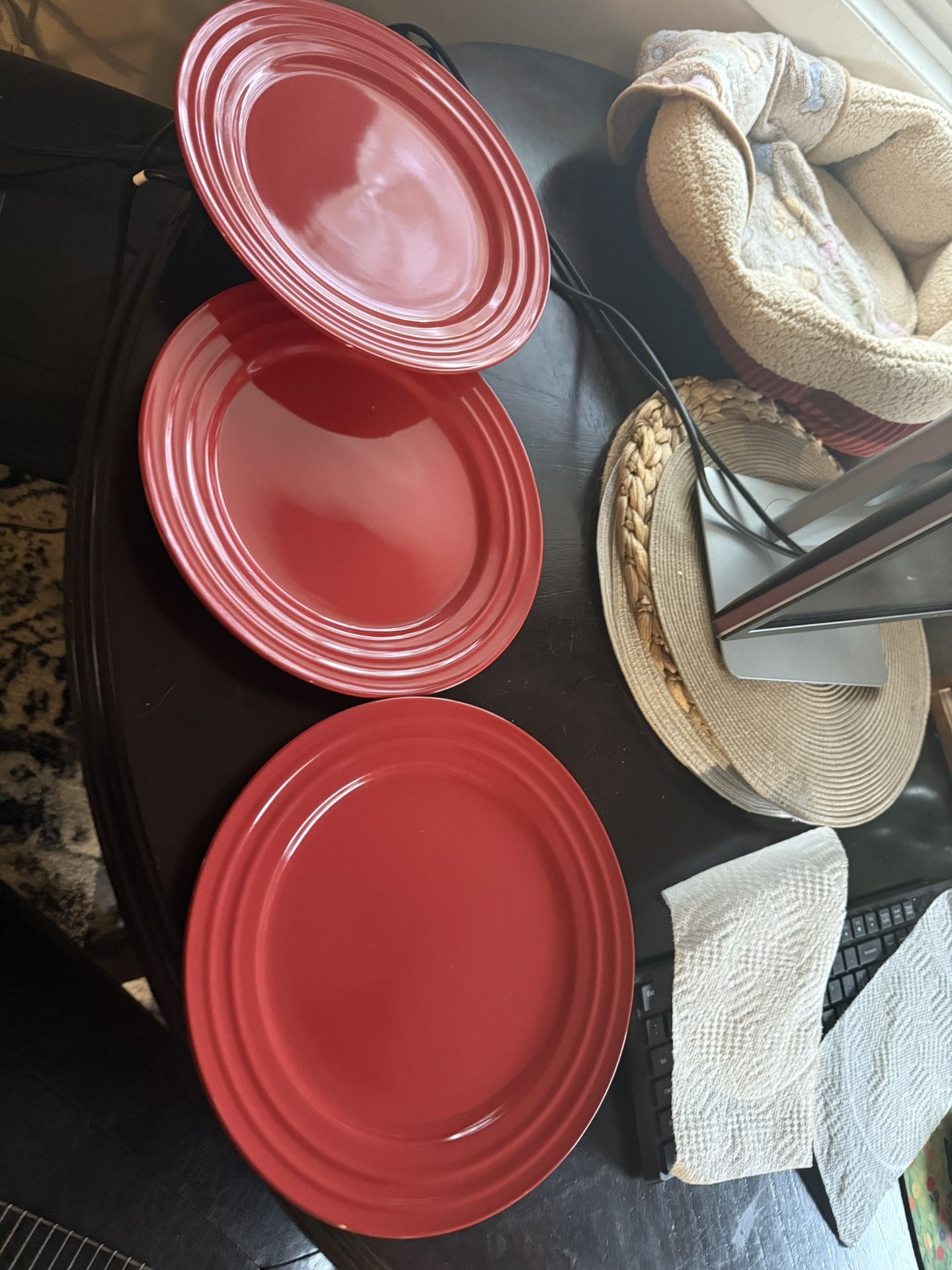  3 Red Rachel Ray ceramic dinner plates. Dishwasher and microwave safe 