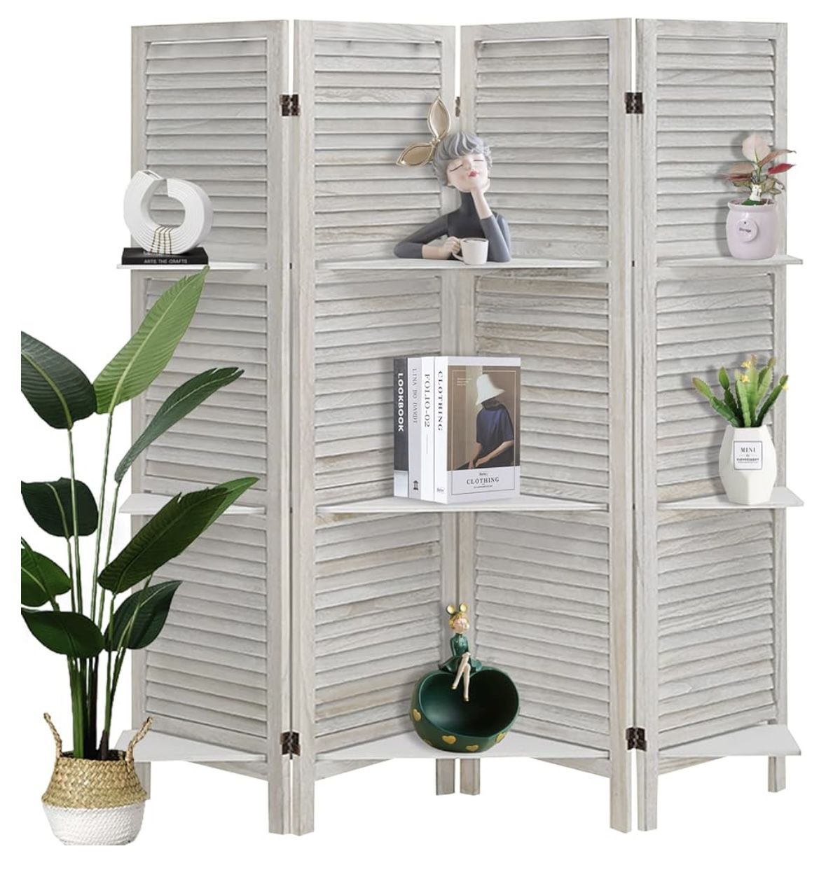 Wooden Folding Room Divider Panel Privacy Screens with Shelves