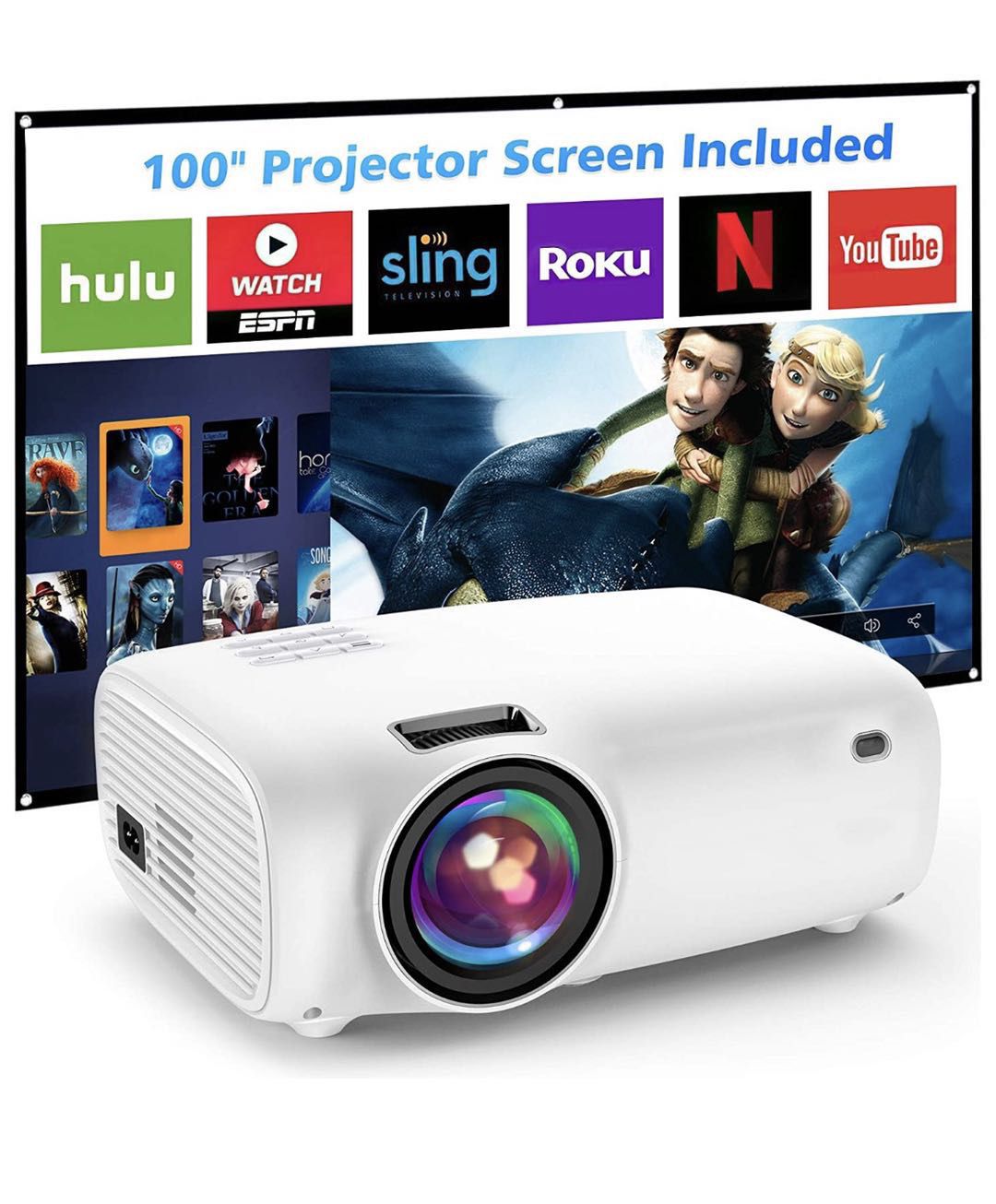 5500Lumx Outdoor Movie Projector with 100Inch Projector Screen ,1080P and 200" Supported Video Projector, Compatible with TV Stick, HDMI, AV, VGA, PS
