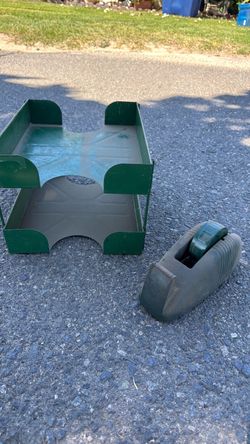 Vintage Green Metal Desk Tray and Tape Dispenser Set