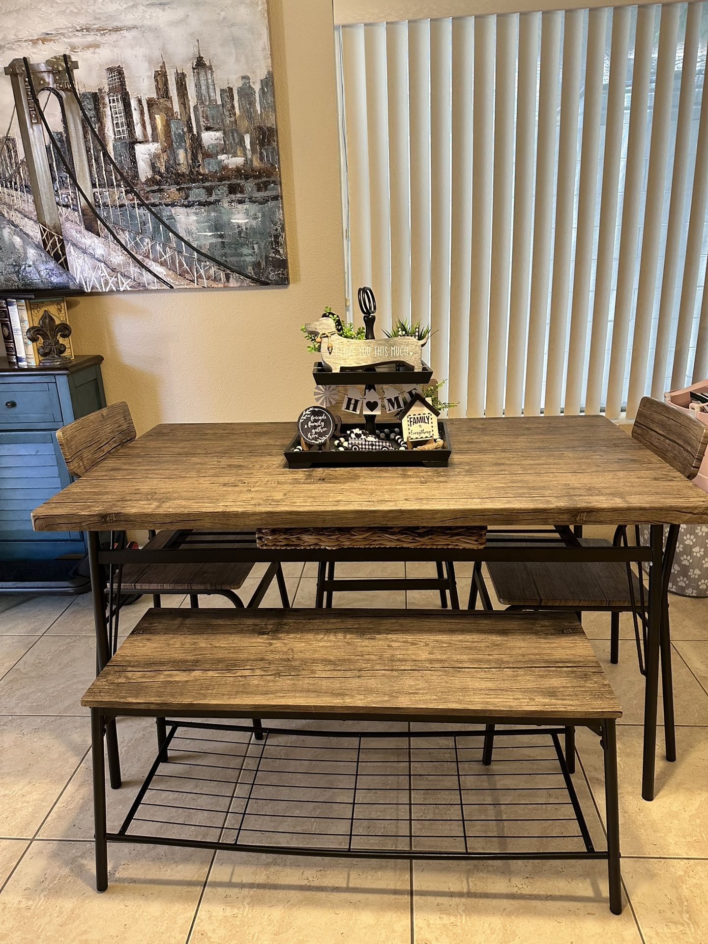 Five Piece Rustic Metal Dining Table With Bench