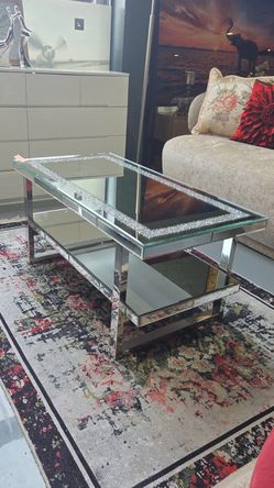 Mirrored Coffee Table with 2 Tiers, R  with Crushed Diamond Stainless Steel Legs