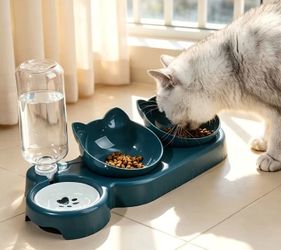 Premium Cat Dish Set with Water Bottle Feeder Attach 1 Count 5 Piece Set in Color Blue