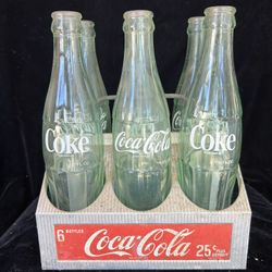 Antique Coke Metal Holder And 6 Bottles