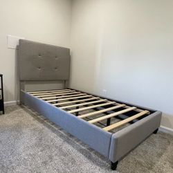 Twin Size Bed Frame With Headboard , Light Grey
