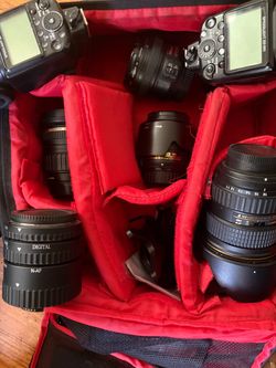 Camera Bag with Nikon Lenses and Speedlights