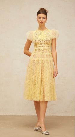 Yellow Embroidered Lace Pleated Midi Dress