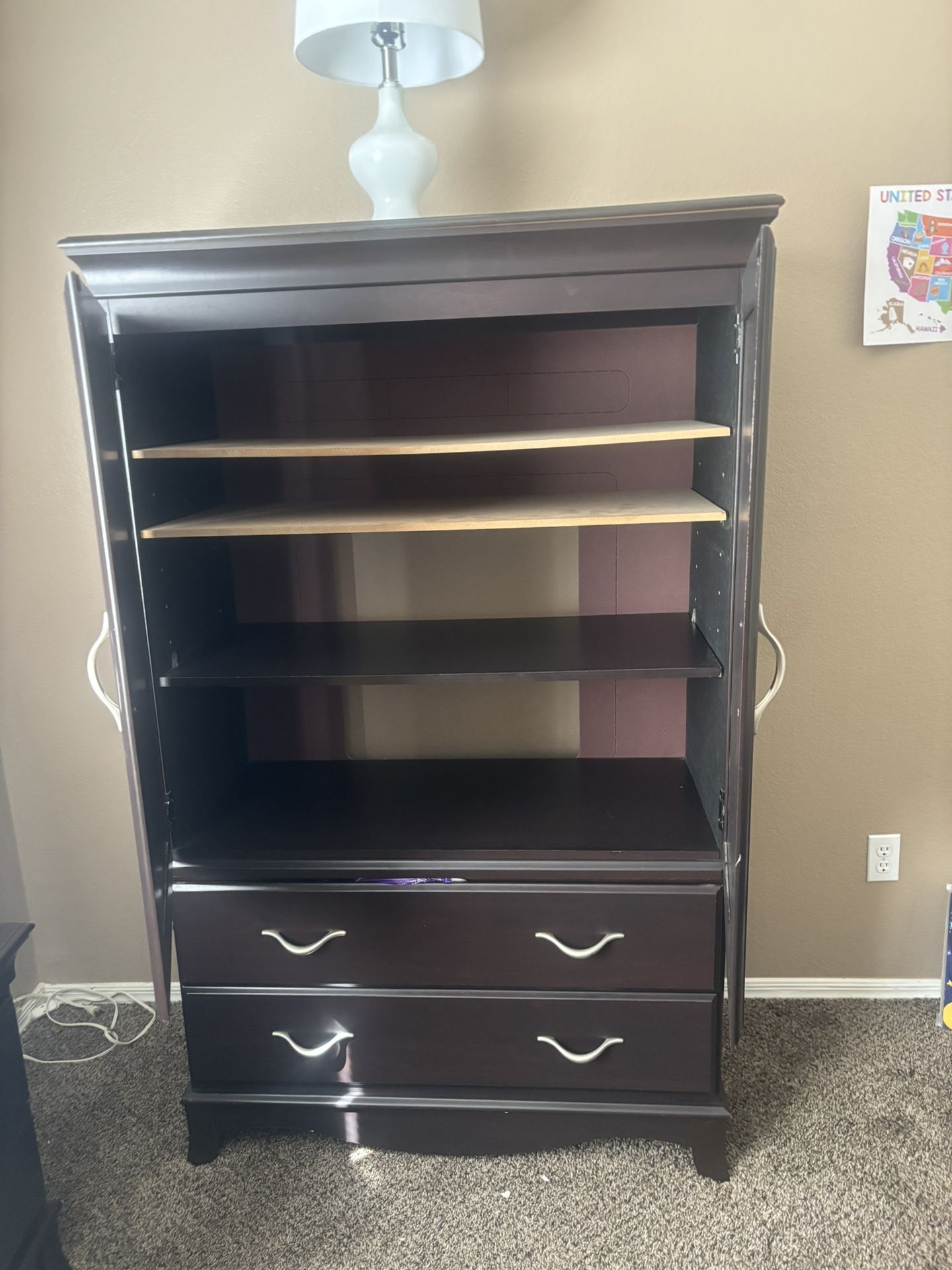 Brown wooden Armoire wardrobe with shelves and drawers