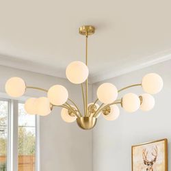 The 12-light branching arm milky white glass globe copper chandelier 