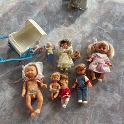 Lot Of Old Baby Dolls And Little Stroller