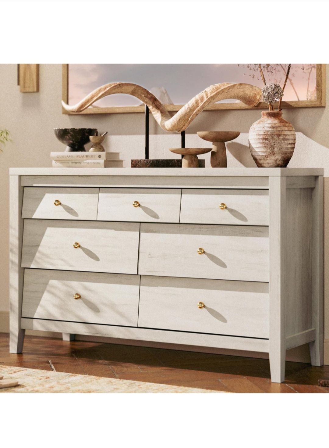 White 7 Drawer Dresser, Moderr Farmhouse Wood Storage Cabinet, Bedroom Chest TV Stand