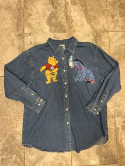 Vintage 90s Disney Women’s  Winnie Pooh Eeyore Shirt Embroider Denim Button Cartoon Tv Size Large worn once 