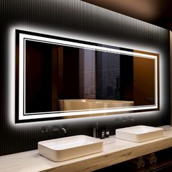 84x32 LED Mirror for Bathroom with Front and Backlit, Anti-Fog LED Bathroom Mirror with Lights, Dimmable Lighted Vanity Mirror Wall Mounted with 3 Col