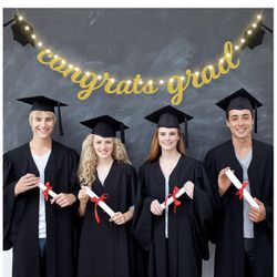 Brand New Congrats Grad Banner with 8 Modes LED String Lights, Gold and Black, Congrats Grad Glittery Banner, Graduation Party Decorations
