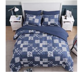 AMBERSPACE Twin XL Comforter Set Navy Blue, Plaid Bedding Set 5 Pieces for Boys Girls Teen, Classic Homestead-Style Comforter Set Bed in A Bag with Sh