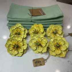Set of 6 Pier One Yellow Vintage Floral Napkin Rings with Two 4-Packs of Muted Sage Green 100% Cotton Napkins from West Elm 